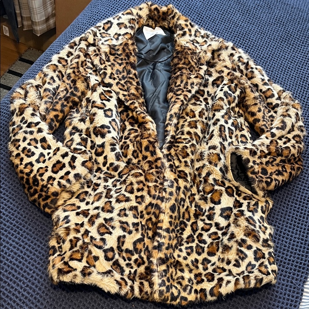 Mango Leopard Print Faux Fur Coat